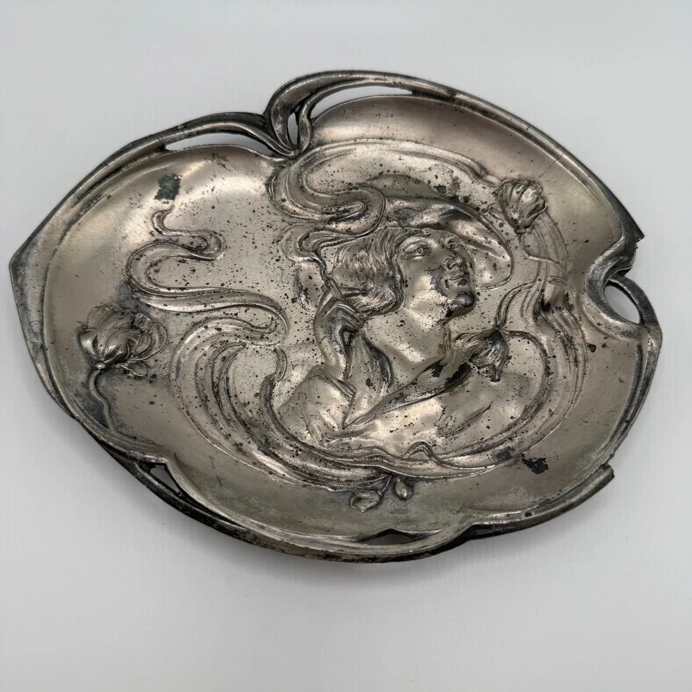 Antique Art Nouveau Bronze? Tray Woman Poppies Repousse Vanity Trinket Dish